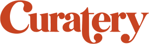 The word "Curatery" is displayed in a stylized, bold, reddish-orange serif font.