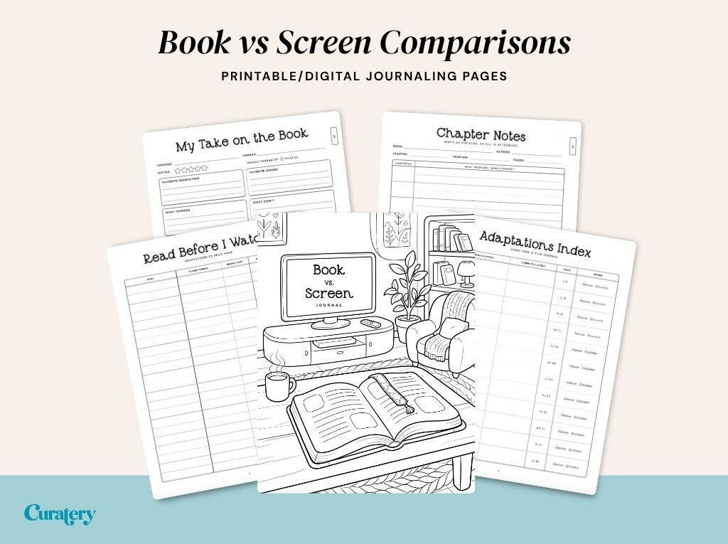 The image displays a collection of printable/digital journaling pages titled "Book vs Screen Comparisons," featuring templates such as "My Take on the Book," "Chapter Notes," "Read Before I Watch," "Adaptations Index," and a central illustrated page depicting a living room with a TV showing "Book vs. Screen JOURNAL" and an open book.