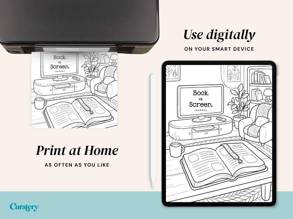 A coloring page featuring a living room scene with a TV displaying "Book vs. Screen Journal" and an open book is shown being printed by a printer and displayed on a tablet, with accompanying text promoting both print-at-home and digital use.