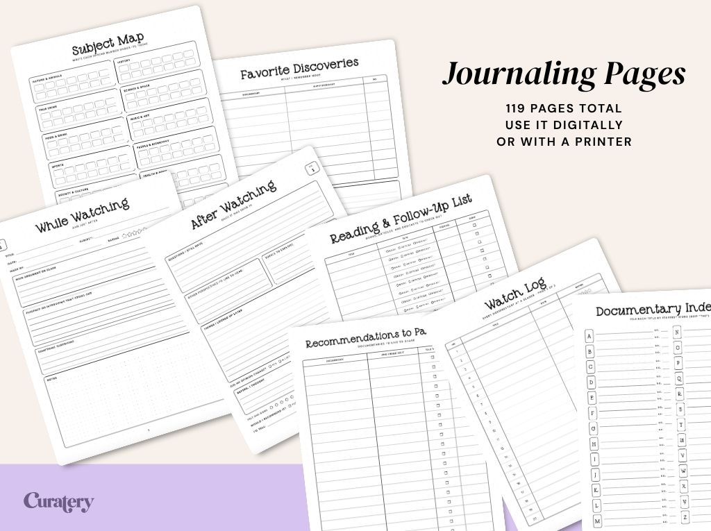 A collection of white journaling pages for tracking documentaries and learning, featuring titles such as "Subject Map," "Favorite Discoveries," "While Watching," "After Watching," "Reading & Follow-Up List," "Watch Log," and "Documentary Index," with text indicating "119 PAGES TOTAL" and "USE IT DIGITALLY OR WITH A PRINTER."