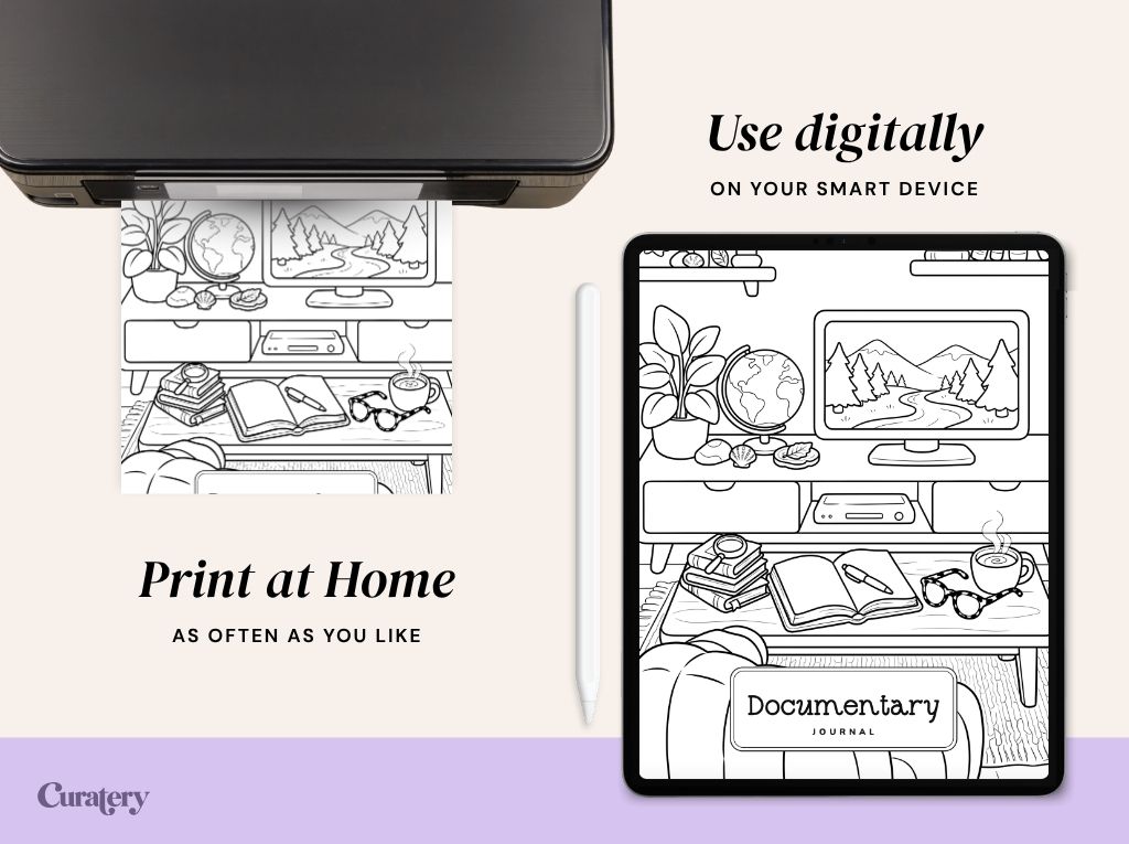 A printer is shown printing a black and white line drawing of a desk setup, while the same drawing is displayed on a tablet, accompanied by text promoting both digital use and home printing.