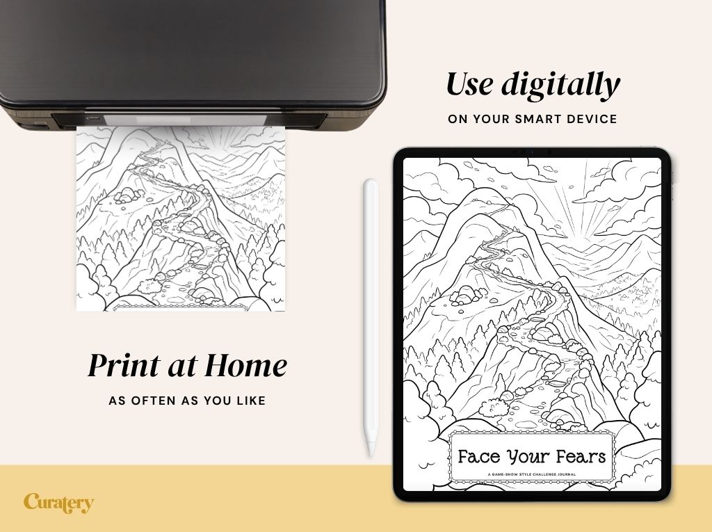 A printer outputs a coloring page of mountains and a winding path, while a tablet displays the same image with the title "Face Your Fears", accompanied by text instructions to "Print at Home" and "Use digitally".