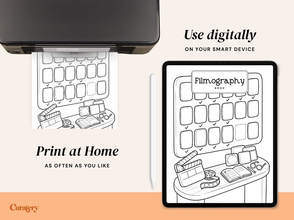 An image displays a filmography tracker being printed from a printer on the left and shown on a tablet with a stylus on the right, accompanied by text promoting digital use and home printing.