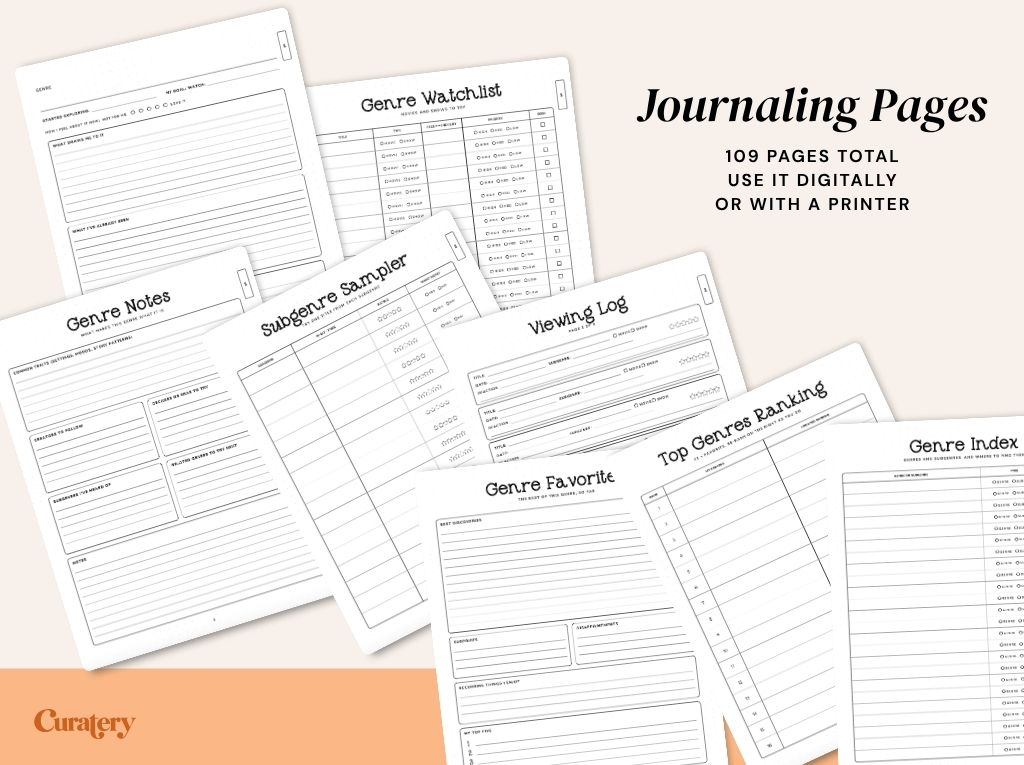 A collection of white journaling pages with black text and lines is displayed, featuring various templates like "Genre Watchlist," "Genre Notes," "Subgenre Sampler," "Viewing Log," "Genre Favorite," "Top Genres Ranking," and "Genre Index," with text indicating "Journaling Pages," "109 PAGES TOTAL," and instructions to "USE IT DIGITALLY OR WITH A PRINTER."