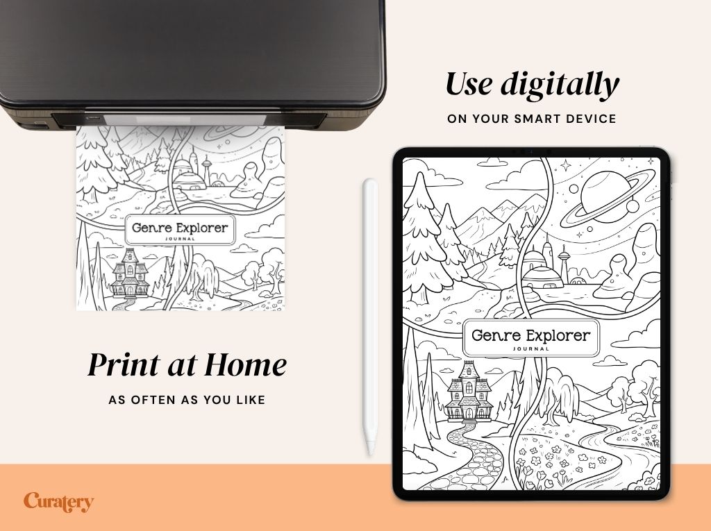 A printer is shown printing a "Genre Explorer Journal" coloring page, while a tablet displays the same coloring page, with accompanying text offering options to "Print at Home" or "Use digitally."