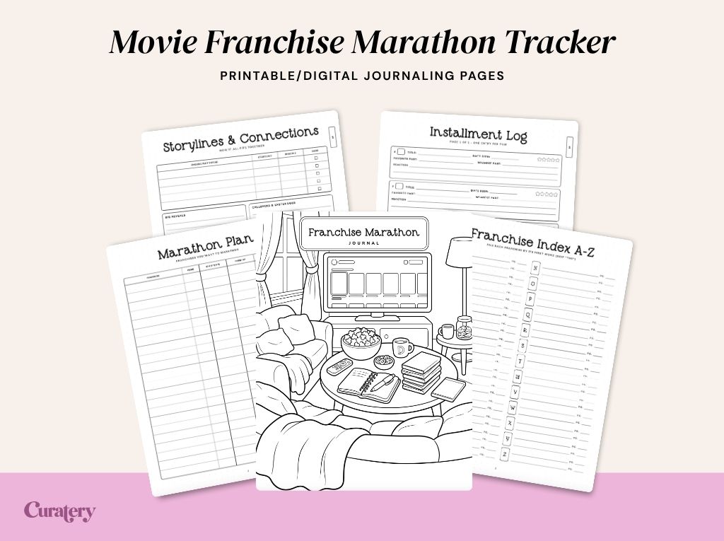 A promotional image displays a "Movie Franchise Marathon Tracker" with several printable/digital journaling pages, including sections for "Storylines & Connections," "Installment Log," "Marathon Plan," and "Franchise Index A-Z," centered around a black and white illustration of a cozy living room with a TV, couch, and snacks.