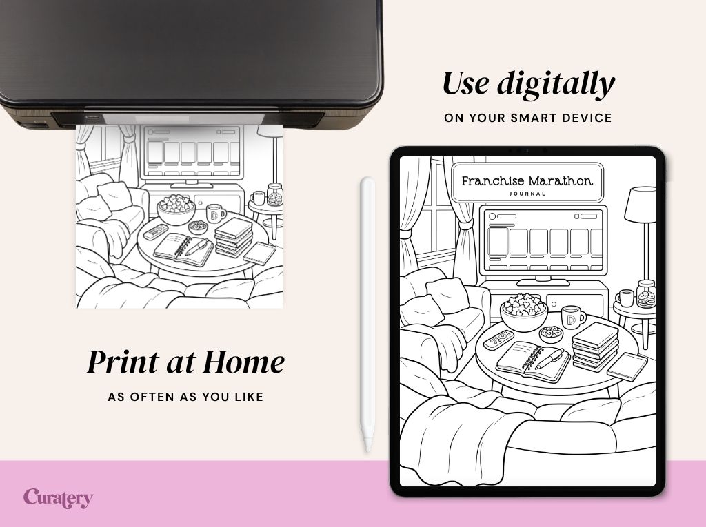 A printer is shown printing a black and white line art drawing of a cozy living room with a TV displaying "Franchise Marathon JOURNAL", while the same drawing is displayed on a tablet next to a stylus, with text promoting both print and digital use.
