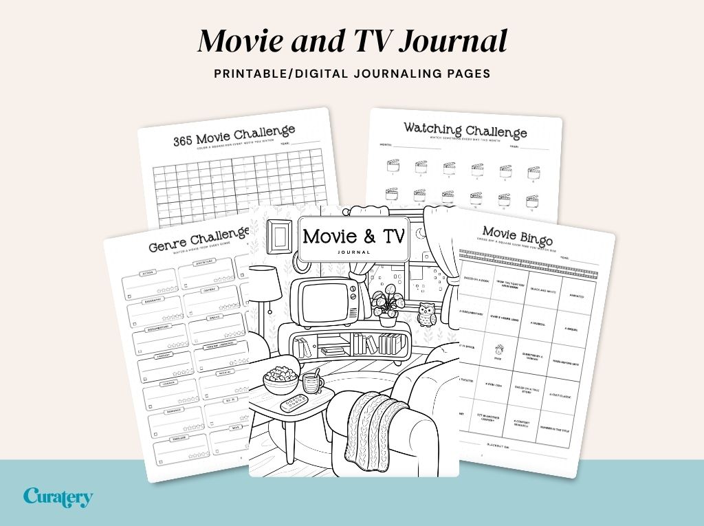 A collection of printable and digital journaling pages for movies and TV, featuring various challenges like "365 Movie Challenge," "Genre Challenge," "Watching Challenge," and "Movie Bingo," centered around a black-and-white illustration of a living room with a TV.