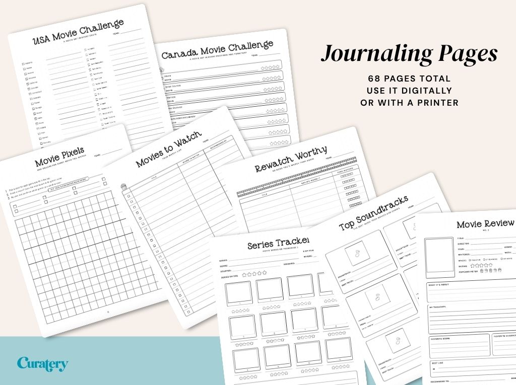 A collection of movie and TV show journaling pages is displayed, featuring trackers for challenges, watchlists, rewatchable content, series, soundtracks, and movie reviews, with text indicating "Journaling Pages, 68 PAGES TOTAL, USE IT DIGITALLY OR WITH A PRINTER."