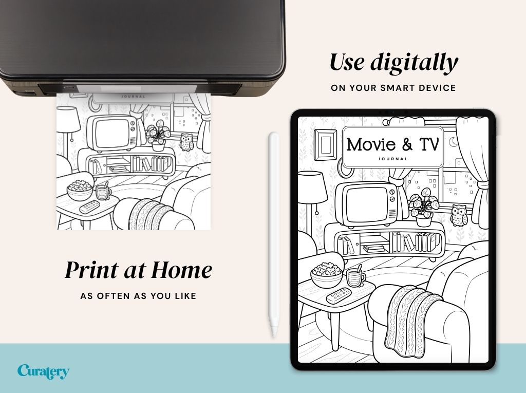 A printer is shown printing a black and white line art image of a cozy living room, while a tablet displays the same image as a "Movie & TV JOURNAL" cover, with accompanying text about printing at home or using digitally.