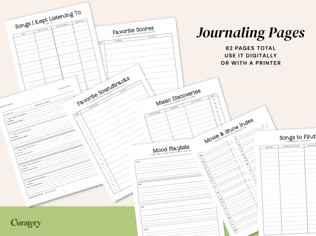 A collection of white journaling pages with various music and movie-themed sections like "Songs I Kept Listening To," "Favorite Soundtracks," "Music Discoveries," and "Mood Playlists" is displayed, with text indicating "Journaling Pages," "82 PAGES TOTAL," and instructions for digital or print use.