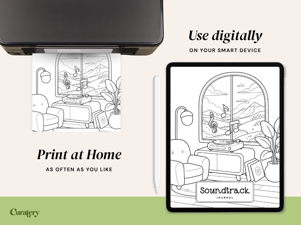 An image shows a printer printing a coloring page of a room with a window, and a tablet displaying the same coloring page, with text indicating options to "Print at Home" or "Use digitally" for a "Soundtrack JOURNAL" from "Curatery".