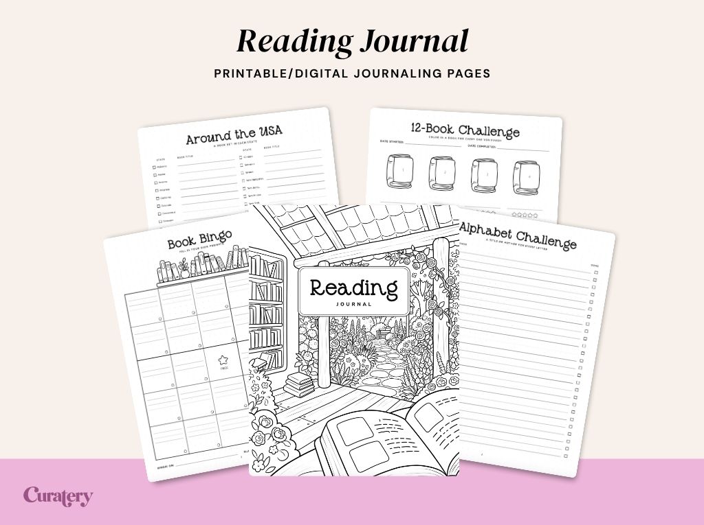 A collection of printable and digital reading journaling pages is displayed, featuring challenges such as "Around the USA," "Book Bingo," "12-Book Challenge," and "Alphabet Challenge," centered around a coloring page design of a garden reading nook with a "Reading Journal" sign.