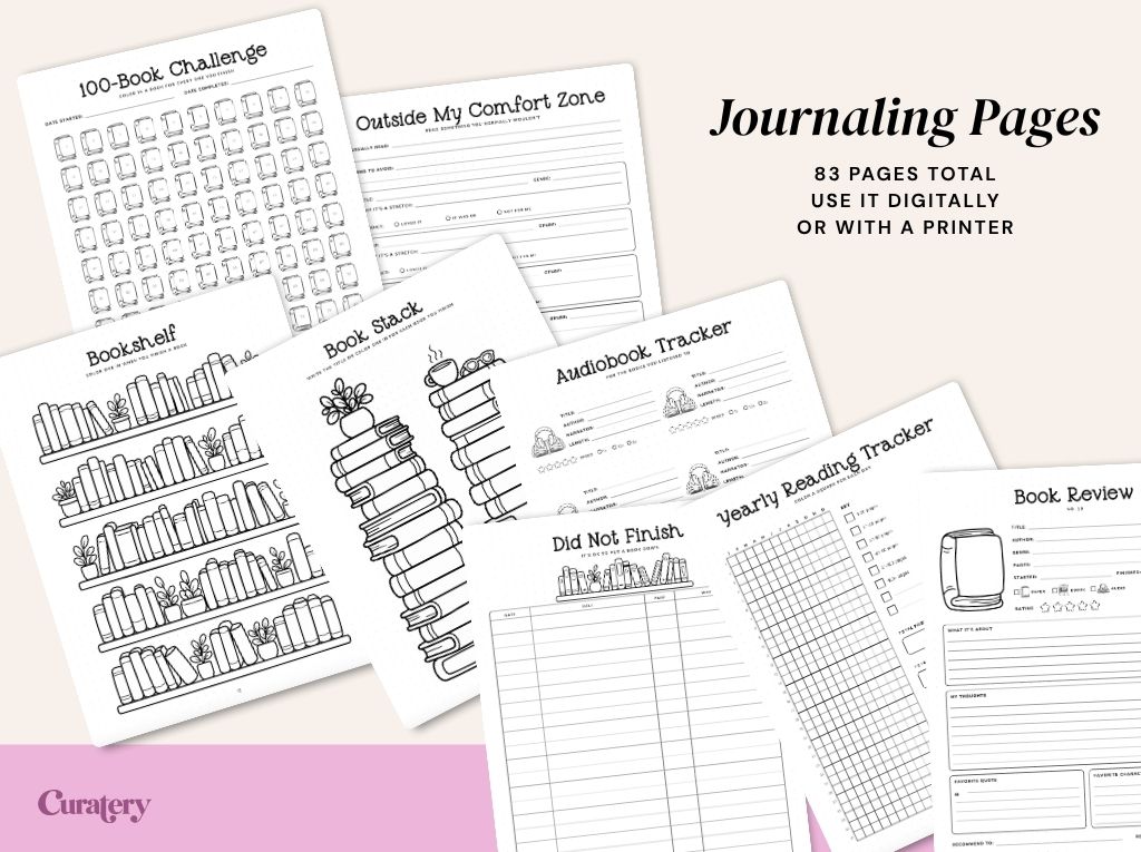 A collection of white journaling pages for reading enthusiasts, including trackers for 100 books, bookshelves, book stacks, audiobooks, yearly reading, books not finished, book reviews, and an "Outside My Comfort Zone" challenge, with text indicating "Journaling Pages," "83 PAGES TOTAL," and "USE IT DIGITALLY OR WITH A PRINTER," and a "Curatery" logo.