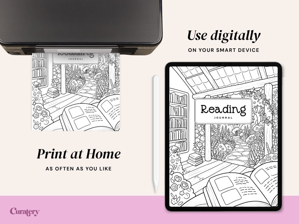 A printer is shown printing a black and white illustration of a reading nook and garden, while the same illustration is displayed on a tablet next to a stylus, with text promoting printing at home and digital use, and the brand "Curatery".