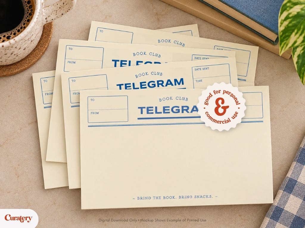 A stack of cream-colored cards designed as "Book Club Telegrams" with fields for "TO", "FROM", "DATE SENT", and "TIME" is displayed on a light surface, with one card showing the phrase "BRING THE BOOK. BRING SNACKS." and a sticker indicating "good for personal & commercial use".