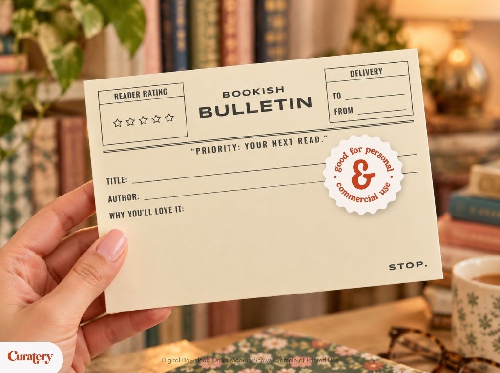 A hand holds a cream-colored "Bookish Bulletin" card featuring sections for reader rating, delivery details, book title, author, and a "why you'll love it" description, along with a "good for personal & commercial use" sticker.