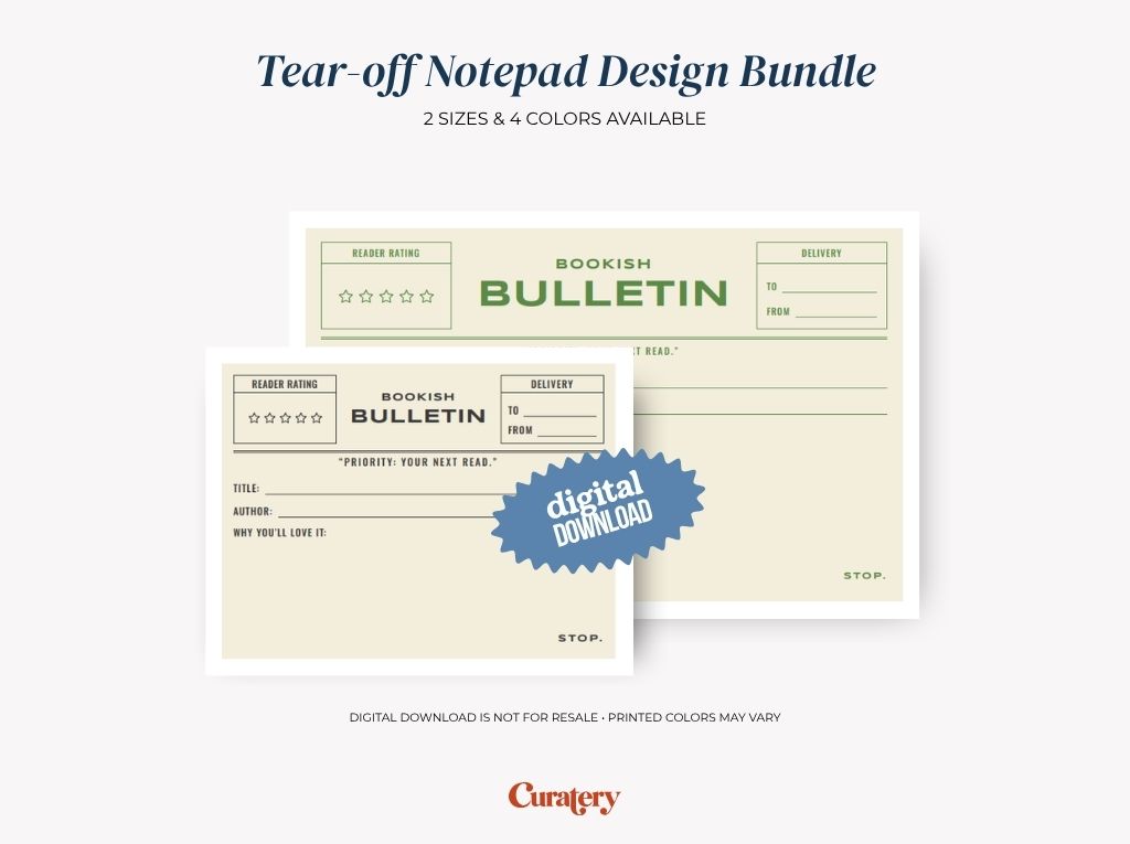 The image displays a "Tear-off Notepad Design Bundle" featuring two cream and green "Bookish Bulletin" notepad designs with sections for reader rating, delivery, title, author, and "why you'll love it," along with a "digital download" badge.