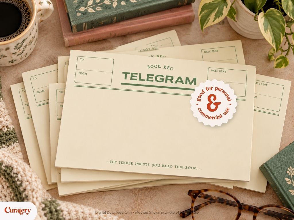 A stack of vintage-style notepads with "TELEGRAM" printed in green, fields for "TO" and "FROM", and the phrase "THE SENDER INSISTS YOU READ THIS BOOK" is shown, with a circular sticker stating "good for personal & commercial use" on the top notepad.
