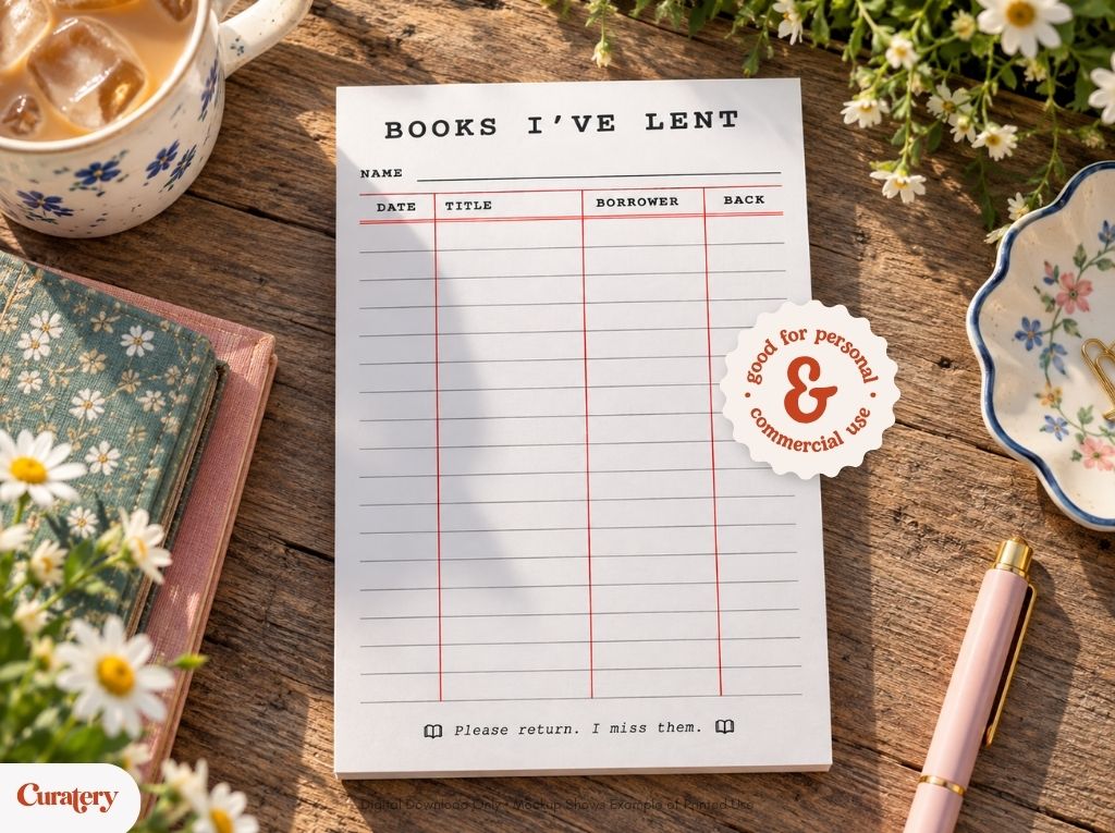 A white notepad titled "BOOKS I'VE LENT" with columns for Date, Title, Borrower, and Back, and the message "Please return. I miss them." at the bottom, rests on a wooden surface next to a cup of iced coffee, two books, a pen, and a decorative dish, with a circular sticker reading "good for personal & commercial use."