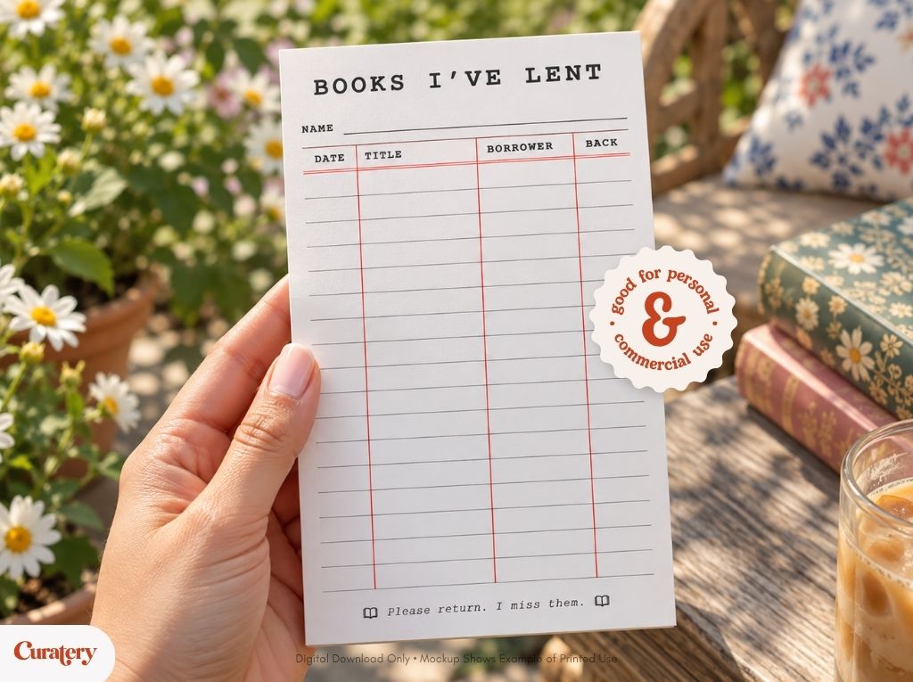 A hand holds a white notepad titled "BOOKS I'VE LENT" with columns for date, title, borrower, and back, and a message "Please return. I miss them." at the bottom, along with a "good for personal & commercial use" sticker.