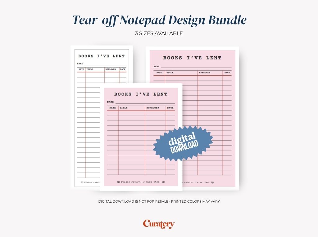 An image displays a "Tear-off Notepad Design Bundle" featuring three notepads of varying sizes, each titled "BOOKS I'VE LENT" with columns for date, title, borrower, and back, along with a blue "digital DOWNLOAD" badge.