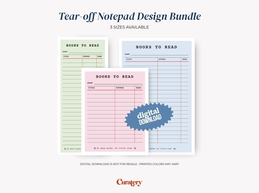 Three tear-off notepads in green, pink, and blue, each with columns for 'TITLE', 'AUTHOR', and 'READ' to track books, are displayed with a 'digital DOWNLOAD' badge and text indicating it's a 'Tear-off Notepad Design Bundle'.