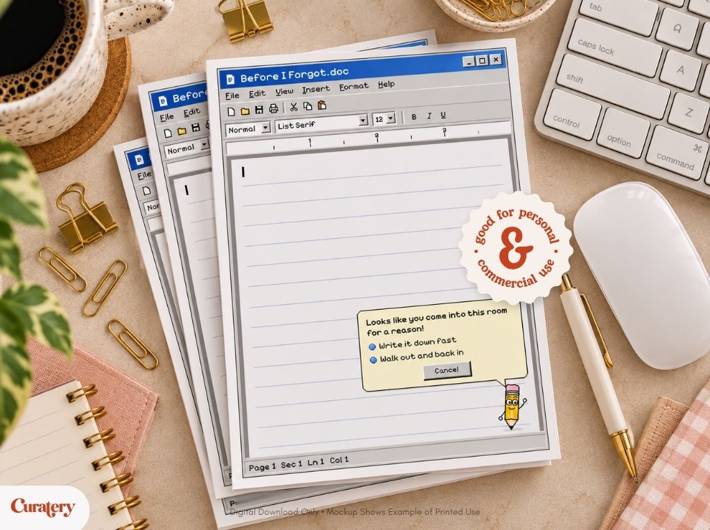 A stack of notepads designed to look like an old Windows text editor window titled "Before I Forgot.doc" displays a pop-up message with a cartoon pencil, surrounded by office supplies on a desk.