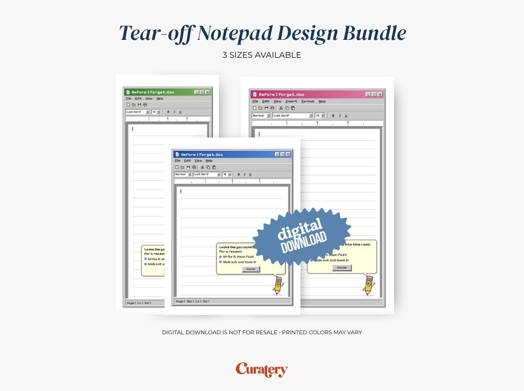 Three notepads designed to resemble old computer word processor windows, titled "Before I Forget.doc" and featuring prompts for remembering tasks, are displayed with a "digital DOWNLOAD" badge and branding for "Curatery."