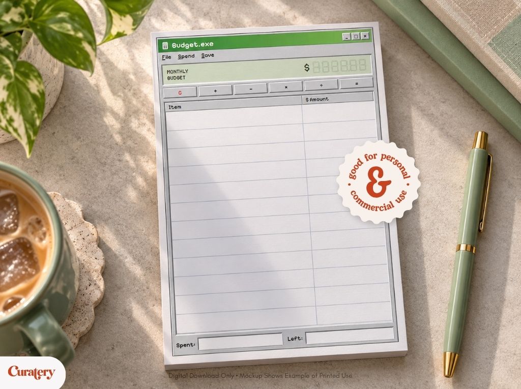 A notepad designed to resemble a retro computer budgeting application features a "Budget.exe" title, a "MONTHLY BUDGET" section with a dollar amount, columns for "Item" and "$ Amount," and fields for "Spent" and "Left," along with a circular sticker that reads "good for personal & commercial use."