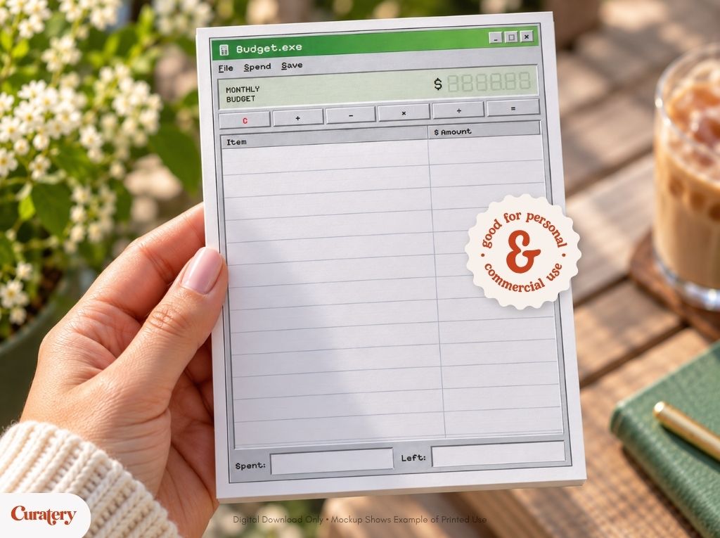 A hand holds a notepad designed like a vintage computer budgeting application, titled "Budget.exe", displaying "MONTHLY BUDGET" with "$8888.88", and sections for "Item", "$ Amount", "Spent", and "Left".
