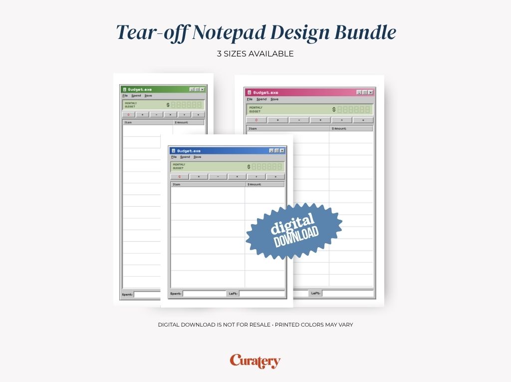 Three digital notepads, designed to resemble retro computer budget applications in green, pink, and blue, are displayed with the text "Tear-off Notepad Design Bundle", "3 SIZES AVAILABLE", and a "digital DOWNLOAD" overlay.