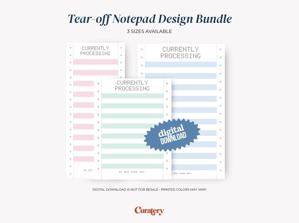 An image advertises a "Tear-off Notepad Design Bundle" featuring three stacked notepads in pink, mint green, and light blue, each with "CURRENTLY PROCESSING" at the top and a "digital DOWNLOAD" badge overlaid.