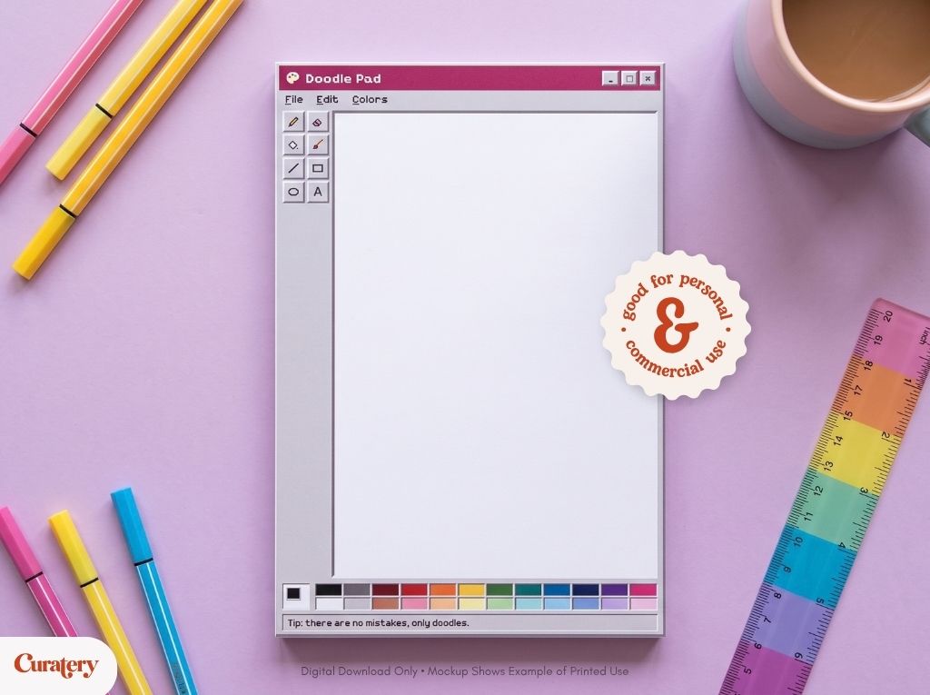 A retro-style digital drawing pad interface, titled "Doodle Pad" with a blank white canvas, drawing tools, and a color palette, is centered on a light purple background surrounded by colorful markers, a coffee mug, and a rainbow ruler.