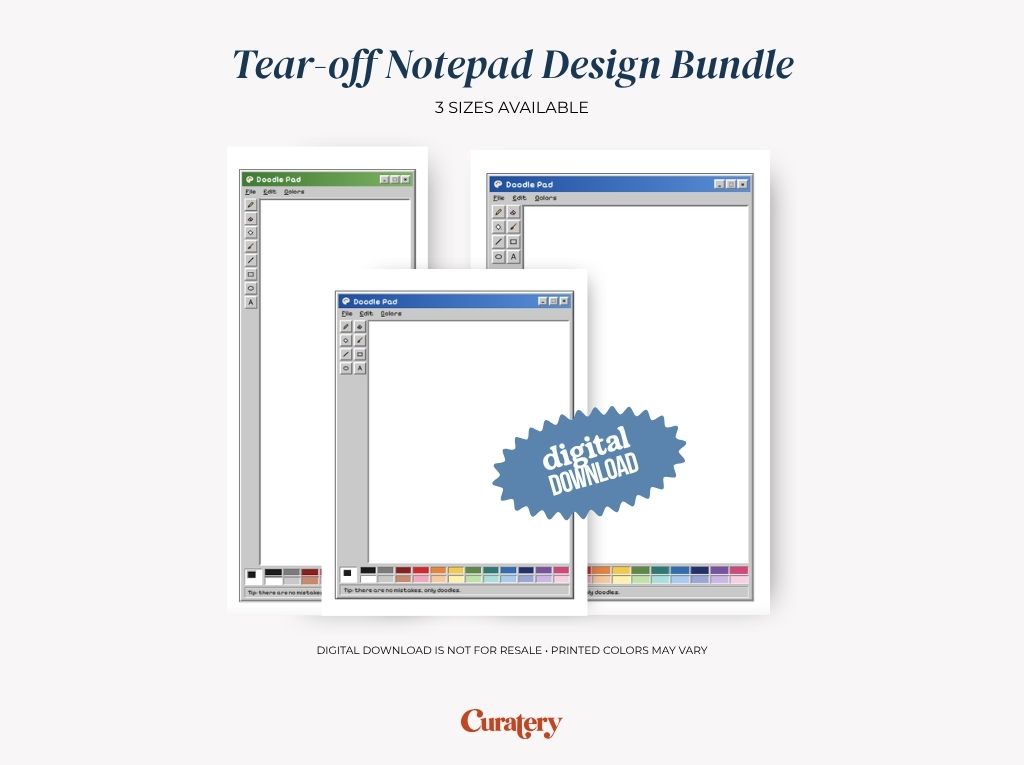The image displays a "Tear-off Notepad Design Bundle" with three notepad designs, styled like vintage computer paint programs with toolbars and color palettes, and a blue "digital DOWNLOAD" badge.