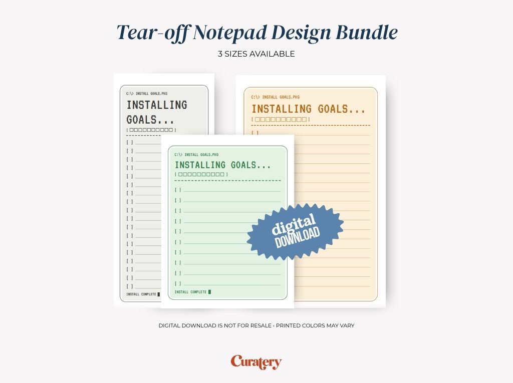 A product image displays three tear-off notepads in white, green, and yellow, each featuring a computer-themed "INSTALLING GOALS..." design, with a blue "digital DOWNLOAD" badge on the yellow notepad, and text indicating "Tear-off Notepad Design Bundle" and "3 SIZES AVAILABLE".