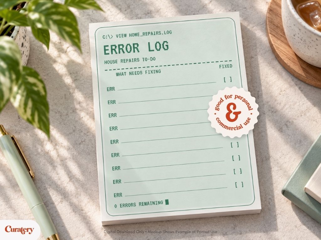 A light green notepad, designed like a computer error log for "HOUSE REPAIRS TO-DO" with task lines and "0 ERRORS REMAINING", is displayed on a table with a pen, a plant, and a cup, and includes a "good for personal & commercial use" sticker.