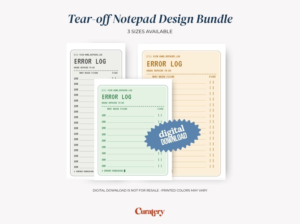 Three tear-off notepads, designed as "ERROR LOG" for "HOUSE REPAIRS TO-DO" in white, orange, and green, are shown with text indicating a "Tear-off Notepad Design Bundle" and a "digital DOWNLOAD" badge.