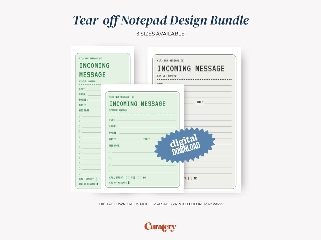 Three tear-off notepads with a retro computer message design are displayed, featuring text like "INCOMING MESSAGE," fields for sender and recipient details, and a "digital DOWNLOAD" overlay, with "Tear-off Notepad Design Bundle" and "3 SIZES AVAILABLE" at the top.