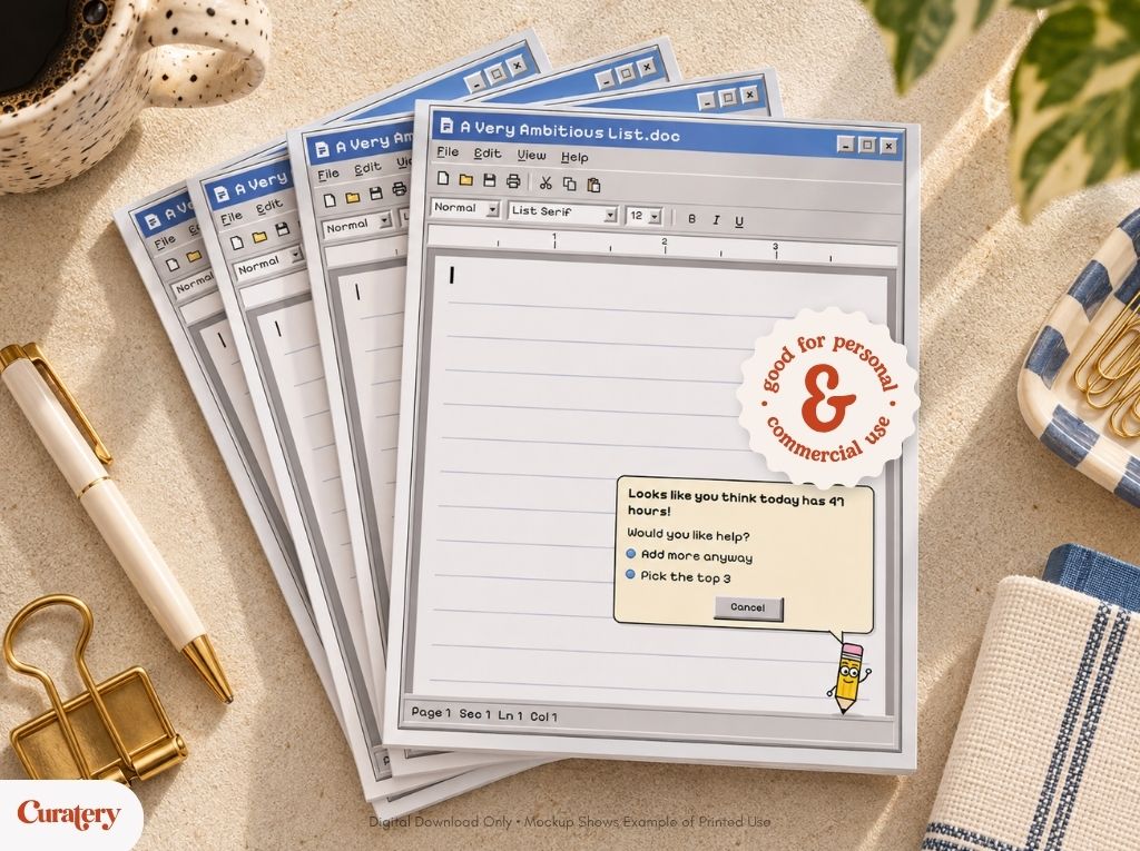 A stack of notepads designed to resemble vintage computer document windows is shown, with the top notepad displaying a document titled "A Very Ambitious List.doc", a pop-up message reading "Looks like you think today has 47 hours!", and a circular sticker stating "good for personal & commercial use".
