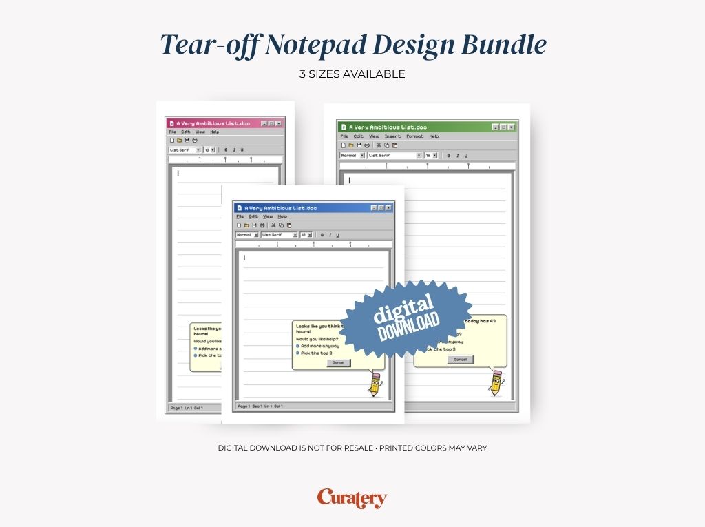 A digital download bundle features three tear-off notepads designed to resemble vintage word processor windows with lined paper, titled "A Very Ambitious List.doo," and includes a "digital DOWNLOAD" badge.