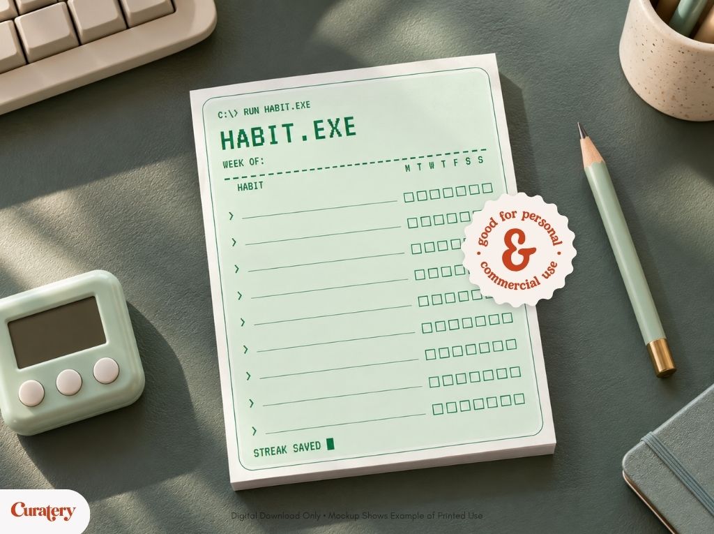 A light green notepad designed as a habit tracker with a computer program interface, titled "HABIT.EXE" and featuring rows for habits with checkboxes for days of the week, is displayed on a desk alongside a digital timer, keyboard, and pencil, with a sticker indicating "good for personal & commercial use."
