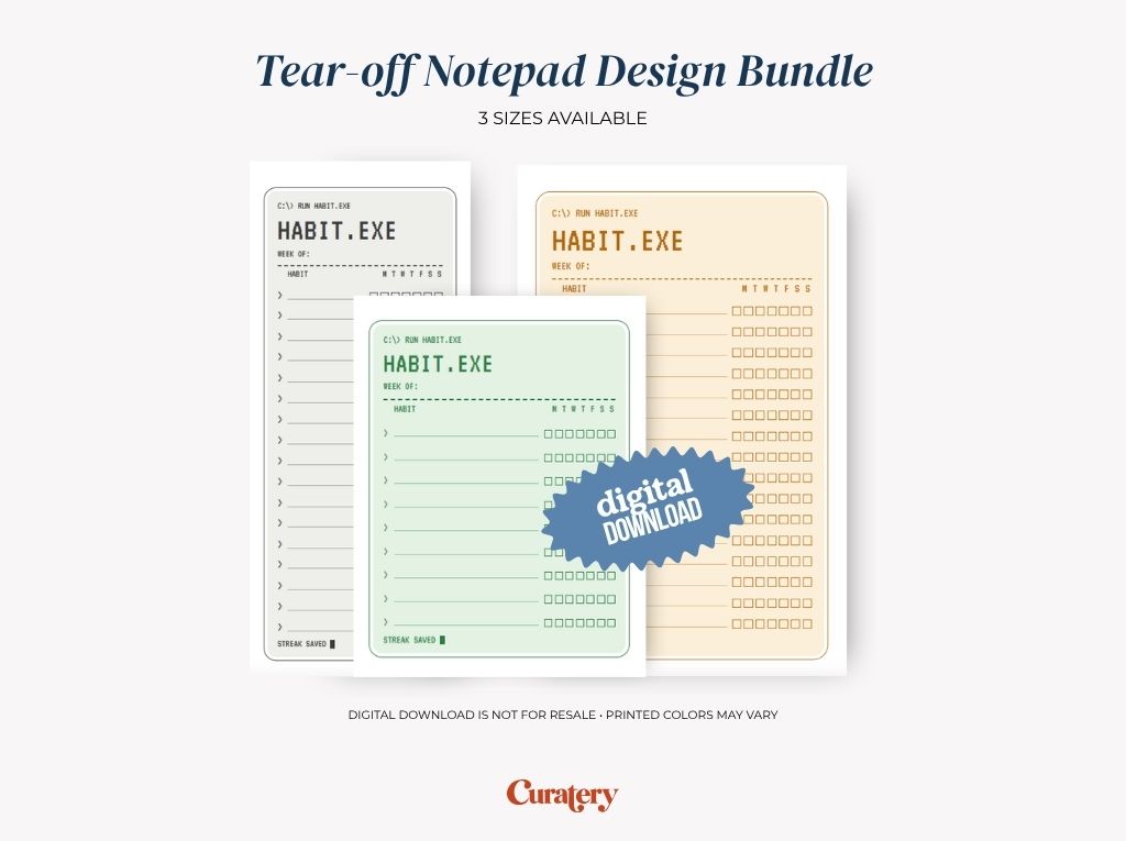 Three tear-off notepad designs, each featuring a habit tracker with "HABIT.EXE" and checkboxes, are displayed with a "digital DOWNLOAD" badge and text indicating "Tear-off Notepad Design Bundle" and "3 SIZES AVAILABLE".