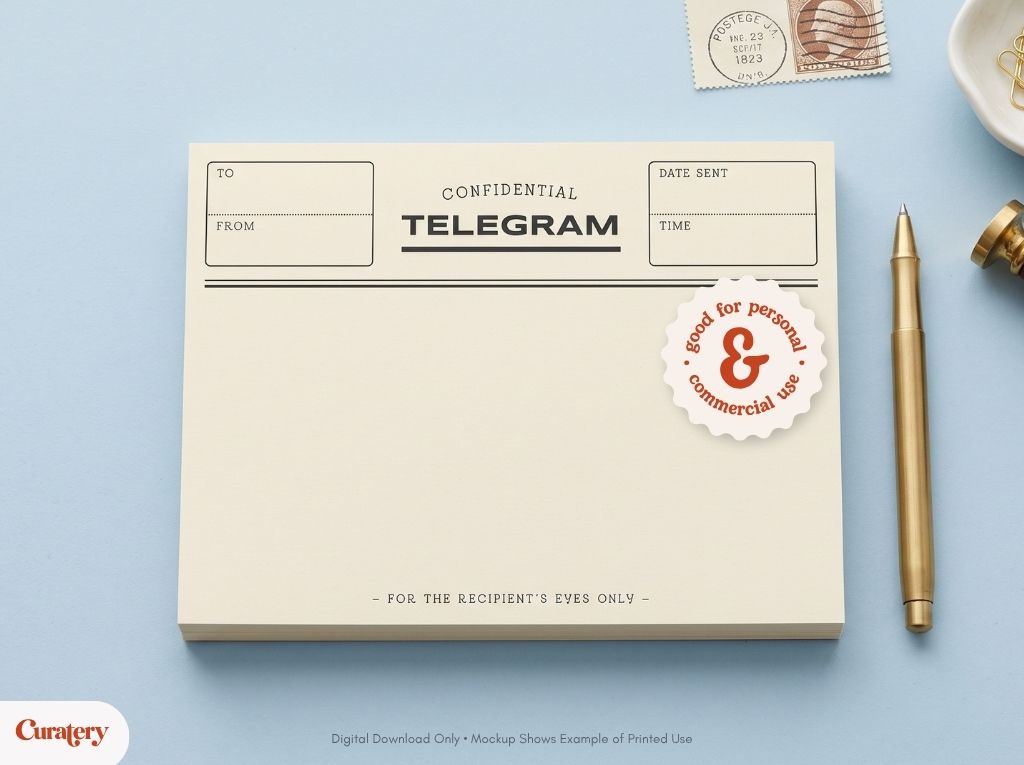 A cream-colored notepad designed as a confidential telegram form features fields for "TO," "FROM," "DATE SENT," and "TIME," with "CONFIDENTIAL TELEGRAM" and "FOR THE RECIPIENT'S EYES ONLY" printed on it, and a circular sticker stating "good for personal & commercial use."