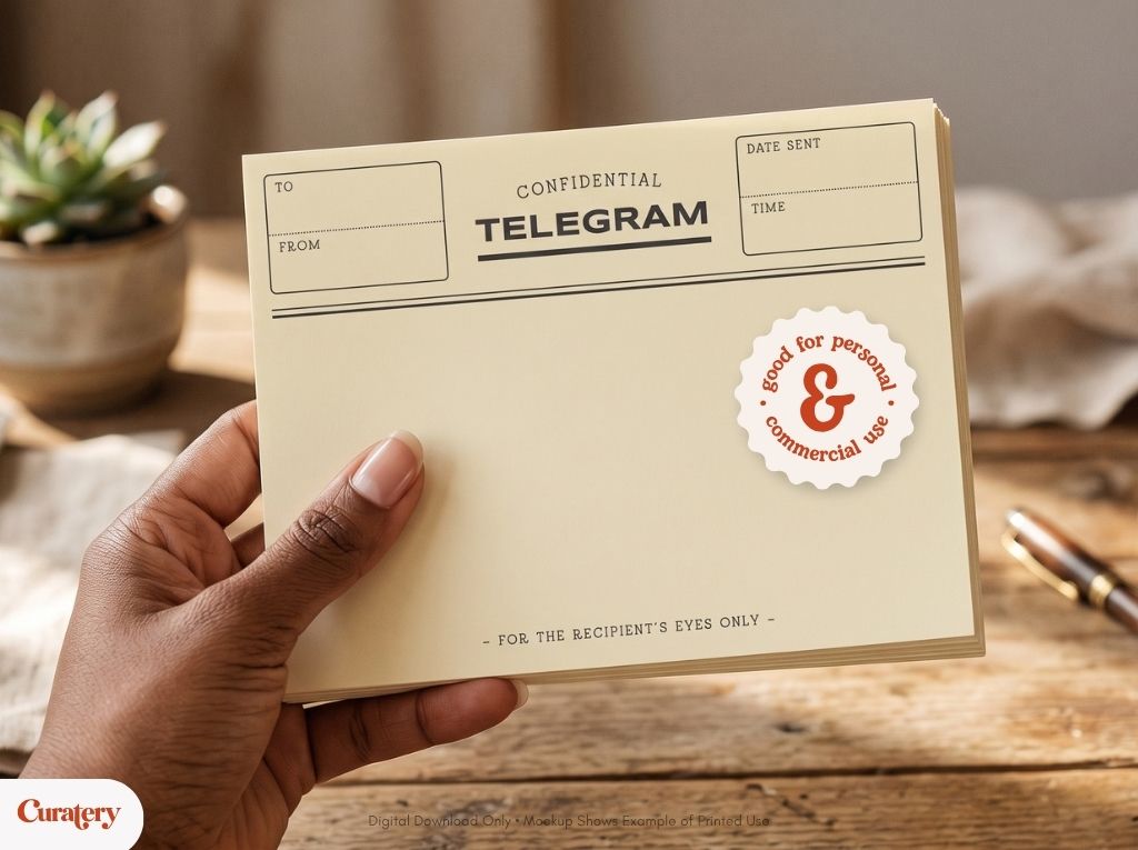 A hand holds a stack of cream-colored paper designed as a confidential telegram, featuring fields for "TO," "FROM," "DATE SENT," and "TIME," along with a circular sticker stating "good for personal & commercial use."