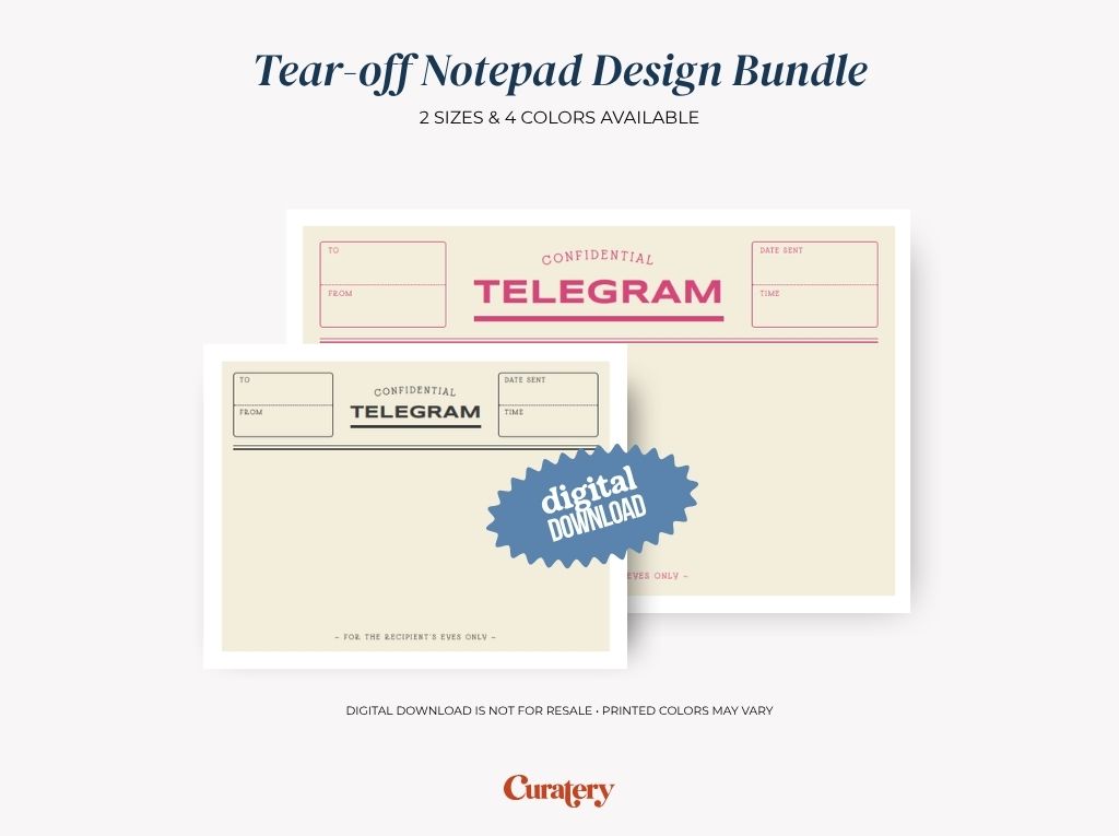 An image displays a "Tear-off Notepad Design Bundle" featuring two telegram-themed notepad designs, one in pink and one in black, with a blue "digital DOWNLOAD" sticker, and text indicating "2 SIZES & 4 COLORS AVAILABLE" and "DIGITAL DOWNLOAD IS NOT FOR RESALE - PRINTED COLORS MAY VARY."
