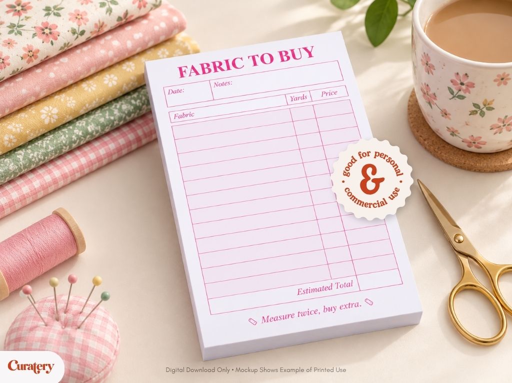 A white notepad titled "FABRIC TO BUY" with columns for fabric, yards, and price, fields for date, notes, and estimated total, and a circular sticker reading "good for personal & commercial use" is displayed on a light surface surrounded by sewing supplies and a cup of coffee.