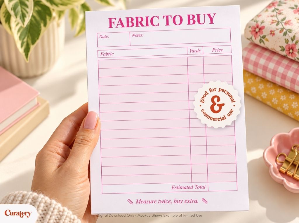 A hand holds a "FABRIC TO BUY" checklist with columns for fabric, yards, and price, a note for "Estimated Total", and a stamp indicating "good for personal & commercial use", set against a background of fabric rolls and a plant.