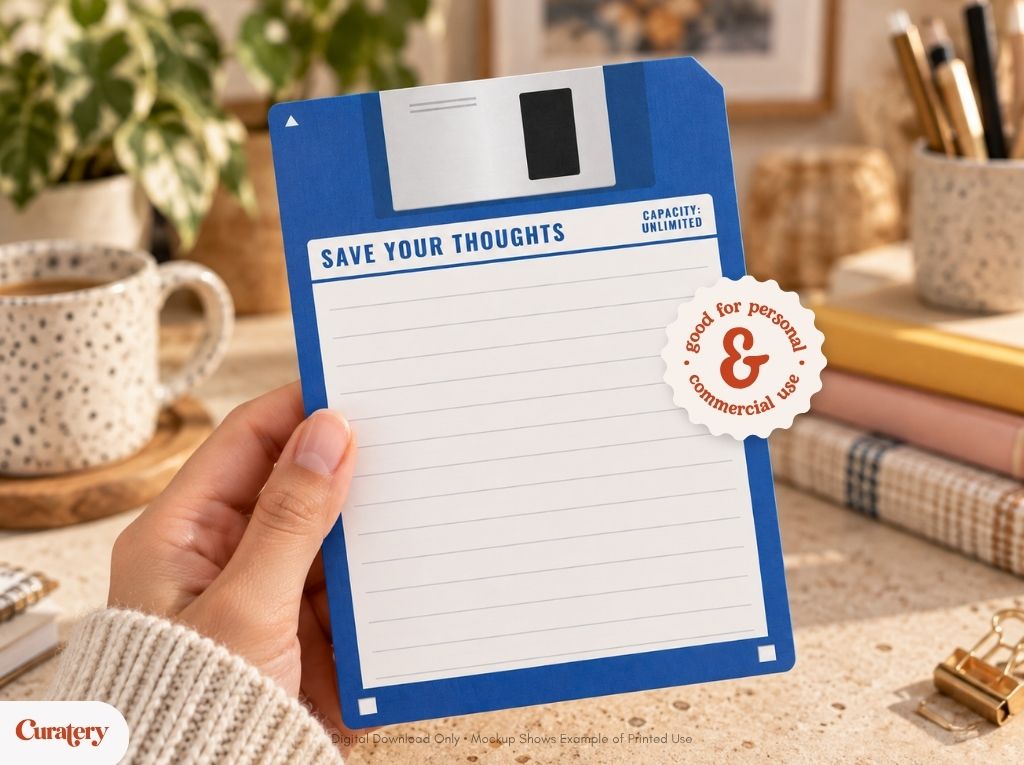 A hand holds a blue floppy disk-shaped notepad that reads "SAVE YOUR THOUGHTS" and "CAPACITY: UNLIMITED," with a circular sticker stating "good for personal & commercial use."