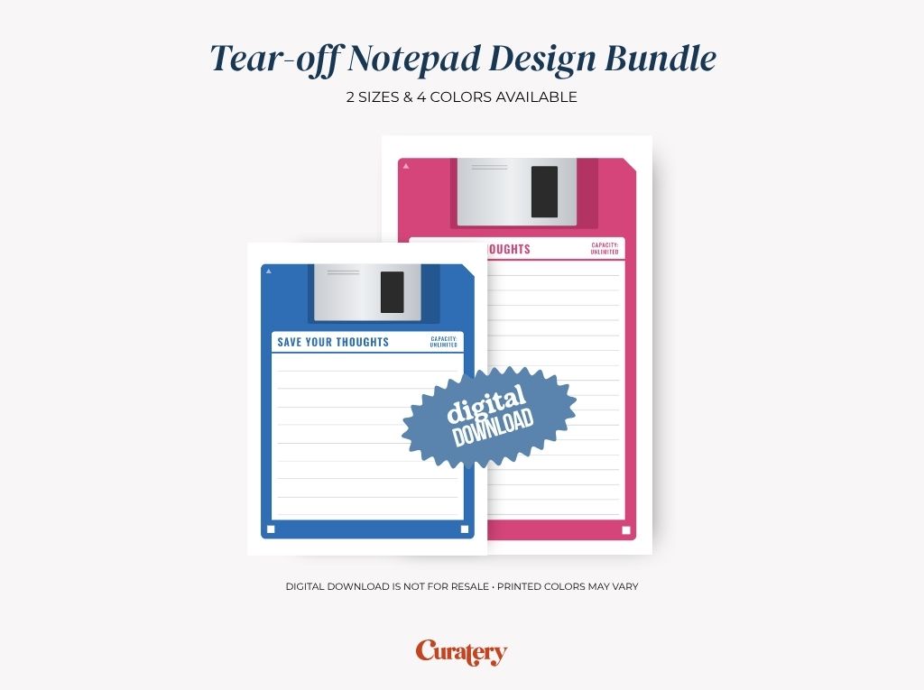 An image displays two notepads designed like floppy disks, one blue and one pink, with text "Tear-off Notepad Design Bundle," "SAVE YOUR THOUGHTS," "CAPACITY UNLIMITED," and a "digital DOWNLOAD" badge.